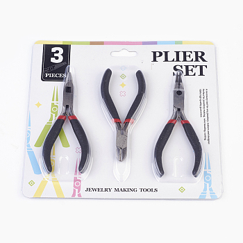 DIY Jewelry Tool Sets, Polishing Side Cutting Plies, Wire Cutter Pliers and Round Nose Pliers, Black, Gunmetal, 110~125x60mm, 3pcs/set