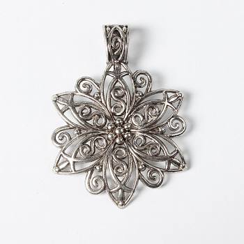 Tibetan Style Alloy Focal Pendants, Lead Free and Cadmium Free, Fancy Filigree Flower, Antique Silver, 64x46.5x1.5mm, Hole: 11x8mm