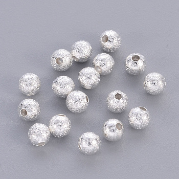 Brass Textured  Round Beads, Nickel Free, Silver Color Plated, 4mm, Hole: 1mm