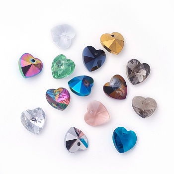 Romantic Valentines Ideas Glass Charms, Faceted Heart Pendants, Mixed Color, 14x14x8mm, Hole: 1mm