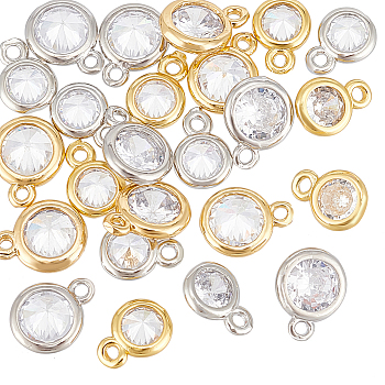 24Pcs 4 Colors Brass Cubic Zirconia Pendants, Flat Round Charms, Mixed Color, 7~8.5x5~6.5x2.5~3mm, Hole: 1mm, 6pcs/color