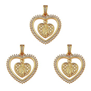 3Pcs Religion Theme Brass Micro Pave Clear Cubic Zirconia Pendants, Heart with Statue of Jesus Christ, Real 18K Gold Plated, 27x21x2mm, Hole: 4x2.5mm
