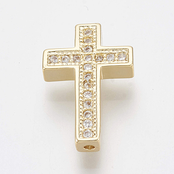 Brass Micro Pave Cubic Zirconia Beads, Cross, Clear, Golden, 15.5x10x2.5mm, Hole: 1mm