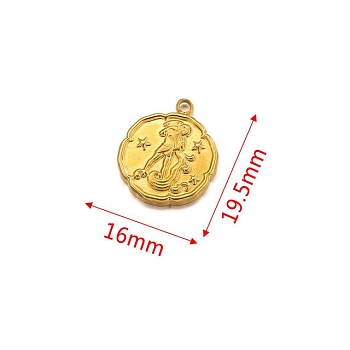 Stainless Steel Pendant, Golden, Flat Round with Constellation Charm, Aquarius, 19.5x16mm
