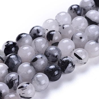 Natural Tourmalinated Quartz/Black Rutilated Quartz Beads Strands, Round, 10mm, Hole: 1mm, about 40pcs/strand, 15.7 inch(40cm)