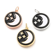 Brass Micro Pave Clear Cubic Zirconia Pendants, Long-Lasting Plated, with Jump Rings & White and Black Enamel, Flat Round with Moon & Star, Mixed Color, 18x16x2mm, Hole: 3mm(ZIRC-B0004-10)