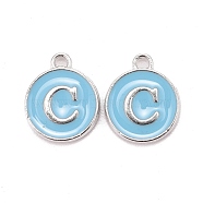 Platinum Plated Alloy Enamel Charms, Cadmium Free & Lead Free, Enamelled Sequins, Flat Round with Letter, Sky Blue, Letter.C, 14x12x2mm, Hole: 1.5mm(ENAM-S118-04C-P)