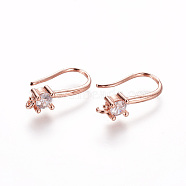 Brass Micro Pave Cubic Zirconia Earring Hooks, with Horizontal Loop, Clear, Rose Gold, 19x4.5x9.5mm, Hole: 1.2mm, 20 Gauge, Pin: 0.8mm(ZIRC-L075-30RG)