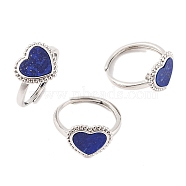 Heart Natural Lapis Lazuli Adjustable Rings, Brass Ring for Women, Long-Lasting Plated, Lead Free & Cadmium Free, Platinum, Inner Diameter: 18mm(RJEW-Q817-05P-02)