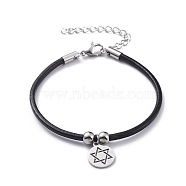Unisex Charm Bracelets, with Cowhide Leather Cord and 304 Stainless Steel Findings, for Jewish, Flat Round with Star of David, Stainless Steel Color, 7-1/4 inch(18.5cm)(BJEW-JB04710-03)