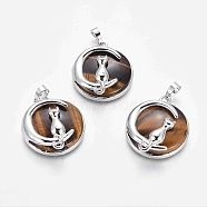 Natural Tiger Eye Kitten Pendants, with Platinum Tone Brass Findings, Flat Round with Cat & Crescent Moon Shape, 32x28x9mm, Hole: 5x7mm(G-J386-B08)