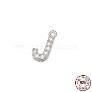 Real Platinum Plated Rhodium Plated 925 Sterling Silver Micro Pave Clear Cubic Zirconia Charms, Initial Letter, Letter J, 9.5x4.5x1.5mm, Hole: 0.9mm(STER-P054-10P-J)