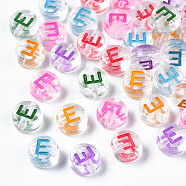 Transparent Clear Acrylic Beads, Horizontal Hole, Flat Round with Mixed Color Letter, Letter.E, 7x3.5mm, Hole: 1.2mm, about 3700pcs/500g(MACR-N008-56E)
