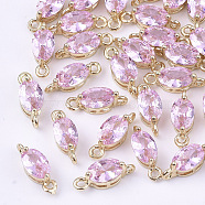 Transparent Glass Links connectors, with Brass Findings, Faceted, Oval, Light Gold, Pearl Pink, 11x4x4mm, Hole: 1mm(GLAA-T007-10E)
