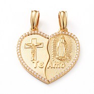 Brass Micro Pave Clear Cubic Zirconia Split Pendants, Long-Lasting Plated, Heart with Virgin Mary & Jesus & Word Te Amo, Real 18K Gold Plated, 25x12.5x2mm, Hole: 6x3mm, 2pcs/set(ZIRC-Z007-03G)