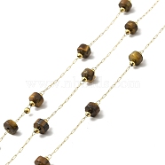 Ion Plating(IP) 316 Surgical Stainless Steel Paperclip Chains, with Natural Tiger Eye Column Beads, Soldered, Real 18K Gold Plated, with Spool, Link: 2.5x1x0.3mm(CHS-I019-12P)