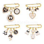 1 Set Bowknot & Heart & Bag & Number 5 Alloy Enamel Charms Safety Pin Brooches, Golden Iron Lapel Pins for Backpack Clothes, Mixed Color, 45~60x50~55mm, 4pcs/set(JEWB-FG0001-10)