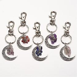 Natural Gemstone Pendant Keychain, with Alloy Pendants, Iron Rings and Alloy Keychain Findings, Moon, Mixed Color, 100mm(KEYC-JKC00099)