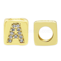 Brass Micro Pave Clear Cubic Zirconia European Beads, Cube with Letter, Letter.A, 8.5x8.5x8.5mm, Hole: 5mm, 3pcs/bag(KK-T030-LA842-AX3)