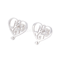 Heart with Musical Note 304 Stainless Steel Stud Earrings for Women, Stainless Steel Color, 13x12.5mm, Pin: 0.7mm(EJEW-Z017-09P)