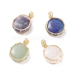 Natural Gemstone Copper Wire Wrapped Pendants, Real 18K Gold Plated, Flat Round, 28x20x8mm, Hole: 3mm(PALLOY-JF01417)