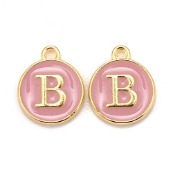 Golden Plated Alloy Enamel Charms, Cadmium Free & Lead Free, Enamelled Sequins, Flat Round with Letter, Pink, Letter.B, 14x12x2mm, Hole: 1.5mm(ENAM-S118-07B)