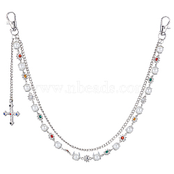 1Pc Alloy Colorful Rhinestone Flower & Plastic Pearl Link Chain Double Layer Pants Chains, with Cross Charms, Platinum, 467mm(AJEW-GF0012-74)