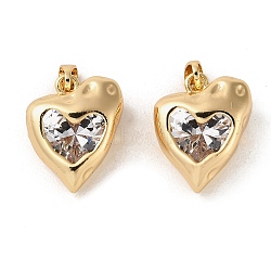 Rack Plating Brass Clear Cubic Zirconia Pendants, Long-Lasting Plated, Heart Charms, Real 18K Gold Plated, 16x13x6mm, Hole: 5x3mm(KK-C037-03G)