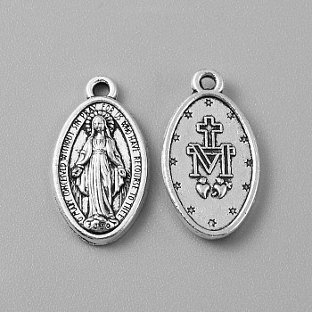 Tibetan Style Alloy Pendants, Oval with Virgin Mary Pattern Charm, Antique Silver, 19x10.5x2.5mm, Hole: 1.4mm