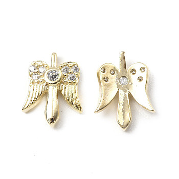 Brass Micro Pave Clear Cubic Zirconia Cabochons, Wing, Real 18K Gold Plated, 11x8.5x2.5mm