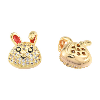 Brass Micro Pave Clear Cubic Zirconia Beads, with Enamel, Nickel Free, Rabbit, Real 18K Gold Plated, 12x9.5x6mm, Hole: 1.2mm
