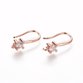 Brass Micro Pave Cubic Zirconia Earring Hooks, with Horizontal Loop, Clear, Rose Gold, 19x4.5x9.5mm, Hole: 1.2mm, 20 Gauge, Pin: 0.8mm
