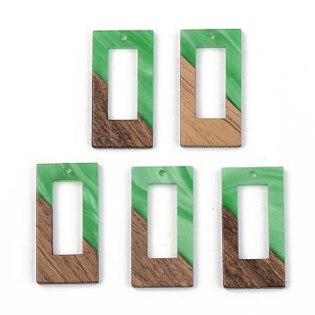 Opaque Resin & Walnut Wood Pendants, Rectangle, Green, 38x19.5x3mm, Hole: 2mm