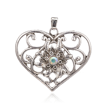 Tibetan Style Alloy Rhinestone Pendants, Heart, Antique Silver, 38x44x7mm, Hole: 5x6mm
