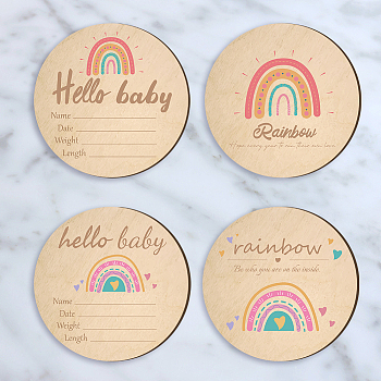 2Pcs 2 Style Double-face Printed Wooden Baby Photo Props, Birth Announcement Sign, Wooden Growth Milestone Signs, Flat Round, Rainbow, 150x3mm, 1pc/style