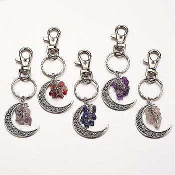 Natural Gemstone Pendant Keychain, with Alloy Pendants, Iron Rings and Alloy Keychain Findings, Moon, Mixed Color, 100mm