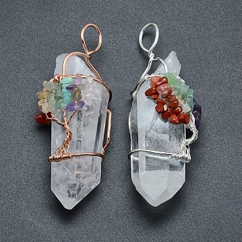 Natural Quartz Crystal Big Pendants, with Mixed Gemstone Chips and Brass Findings, Nuggets, Mixed Color, 60~110x20~27mm, Hole: 7x10mm