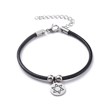Unisex Charm Bracelets, with Cowhide Leather Cord and 304 Stainless Steel Findings, for Jewish, Flat Round with Star of David, Stainless Steel Color, 7-1/4 inch(18.5cm)
