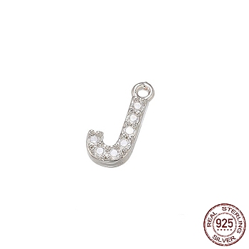 Real Platinum Plated Rhodium Plated 925 Sterling Silver Micro Pave Clear Cubic Zirconia Charms, Initial Letter, Letter J, 9.5x4.5x1.5mm, Hole: 0.9mm