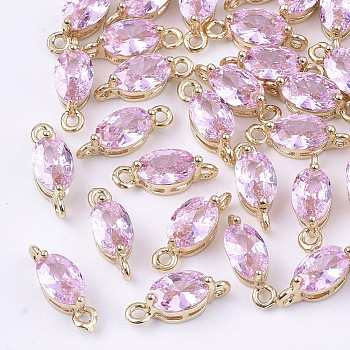 Transparent Glass Links connectors, with Brass Findings, Faceted, Oval, Light Gold, Pearl Pink, 11x4x4mm, Hole: 1mm