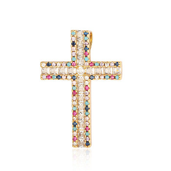 Brass Micro Pave Colorful Cubic Zirconia Pendants, Cross Charms, Real 18K Gold Plated, 34x25x5.7mm