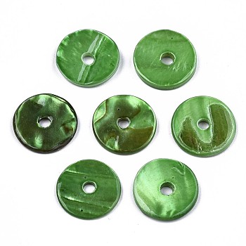 Spray Painted Natural Freshwater Shell Beads, Heishi Beads, Disc/Flat Round, Lime Green, 15x2mm, Hole: 2.5mm