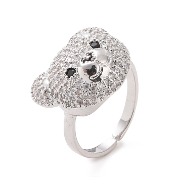 Cubic Zirconia Bear Open Cuff Rings, Platinum Alloy Jewelry for Women, Clear, Inner Diameter: 17mm