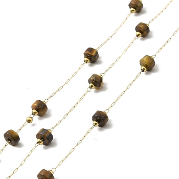 Ion Plating(IP) 316 Surgical Stainless Steel Paperclip Chains, with Natural Tiger Eye Column Beads, Soldered, Real 18K Gold Plated, with Spool, Link: 2.5x1x0.3mm