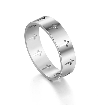 Stainless Steel Cross Finger Ring, Hollow Ring for Women, Stainless Steel Color, US Size 7(17.3mm)