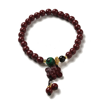 6mm Round Cinnabar Mala Stretch Bracelets, with Synthetic Malachite and Natural Agate, Chinese Knot, Inner Diameter: 2 inch(4.95~5.1cm)