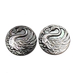 Natural Black Lip Shell Carved Cabochons, Flat Round with Cameo Swan Pattern, Black, 25x2.5mm(SHEL-G024-03A)