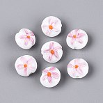 Handmade Lampwork Beads, Flat Round with Flower Pattern, White, 14~15x10~12mm, Hole: 0.8~1.2mm(LAMP-Q039-09A)