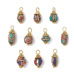 Handmade Indonesia Pendants, with Brass Findings & Dyed Synthetic Coral and Turquoise, Mixed Color, Antique Golden, Mixed Shapes, 19x8.5mm, Hole: 2.5mm(X-PALLOY-JF04541)