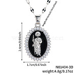 Elegant Vintage Brass Clear Shiny Cubic Zircon Saint Jude Pendant Necklaces with Enamel for Daily Wear, Platinum, Black, 15.75 inch(40cm)(LC4169-5)